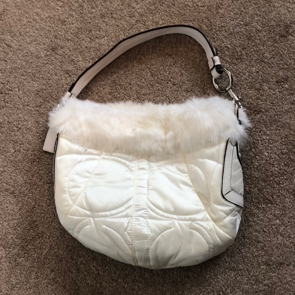 Coach cream signature bag with rabbit fur trim